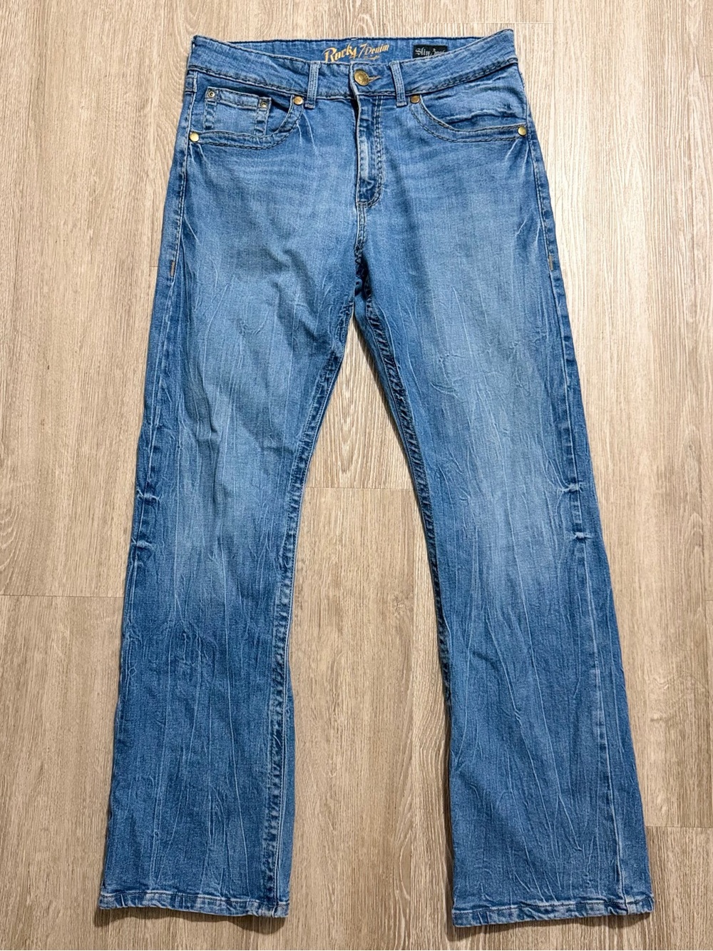 Rock 47 Wrangler Men’s 34x34 Slim Bootcut Jeans Blue Stretch Denim Medium Wash